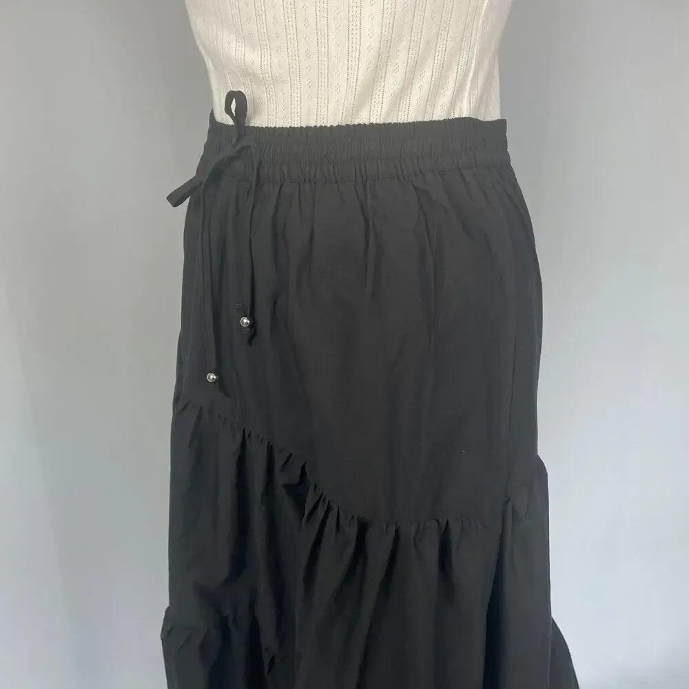 Tiered Broomstick Midi Skirt Size Medium Black Solid Fairy Whimsigoth Boho Goth